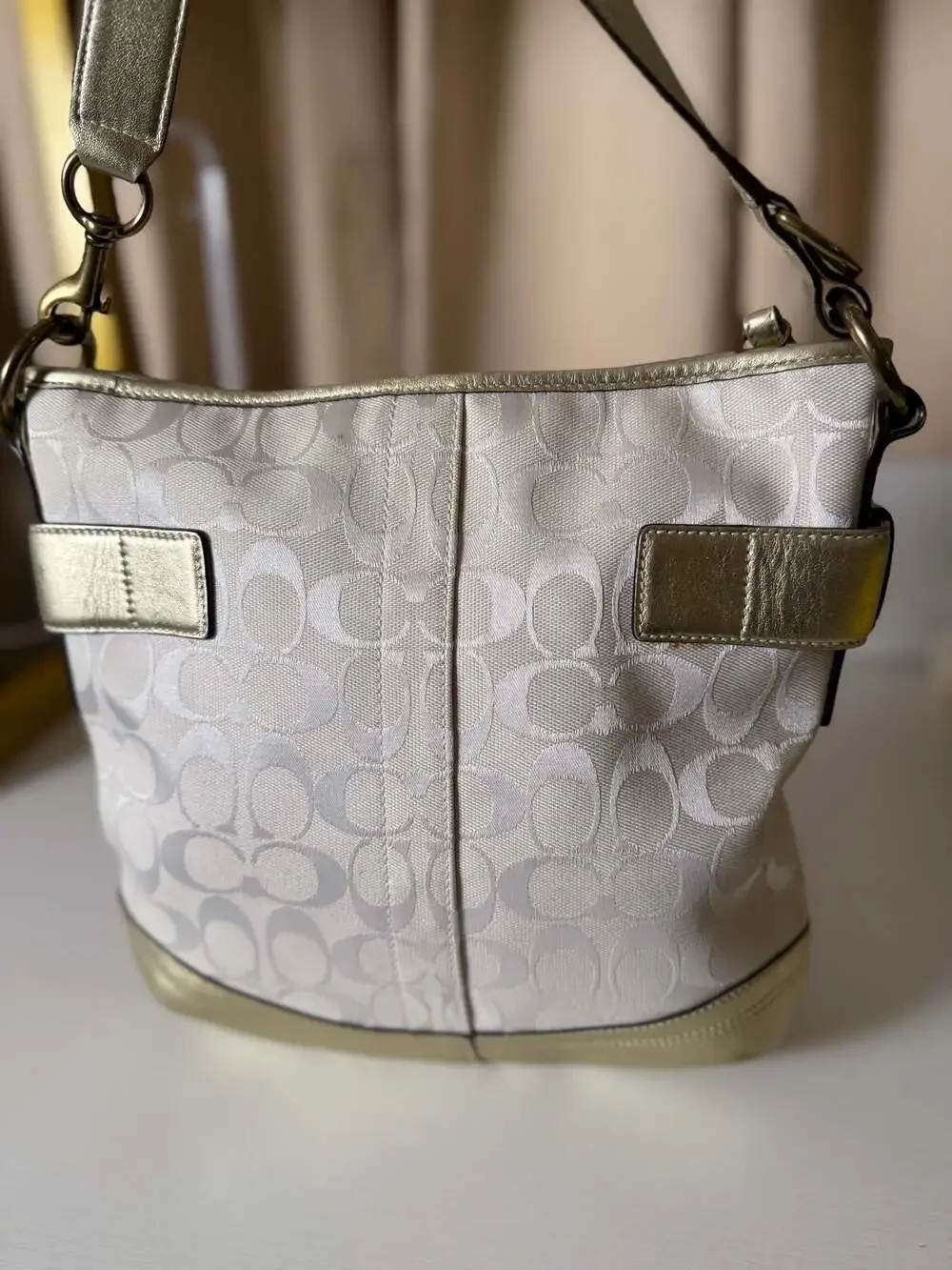 Coach Signature 3574 Hobo Shoulder Bag in Cream Canvas and Metallic Gold Leather